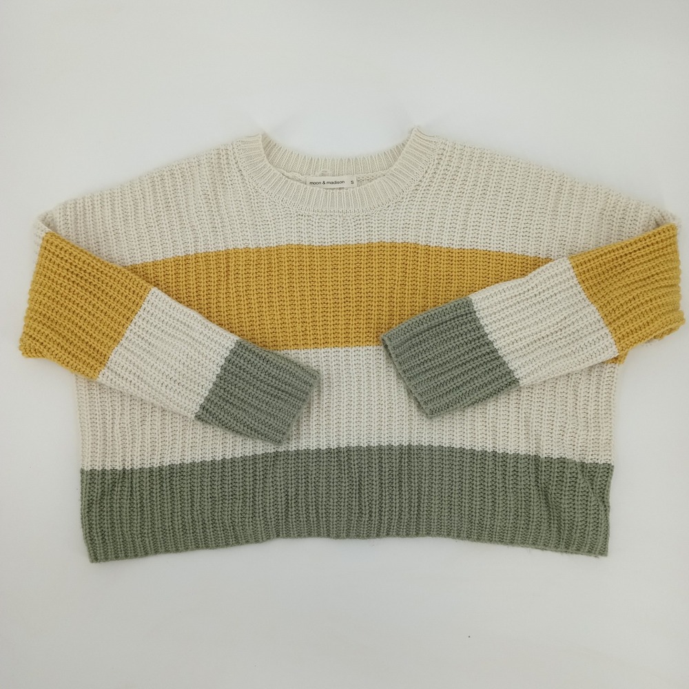Moon & Madison Womens Striped Colorblock Knit Sweater Cream Yellow Green Sz. S